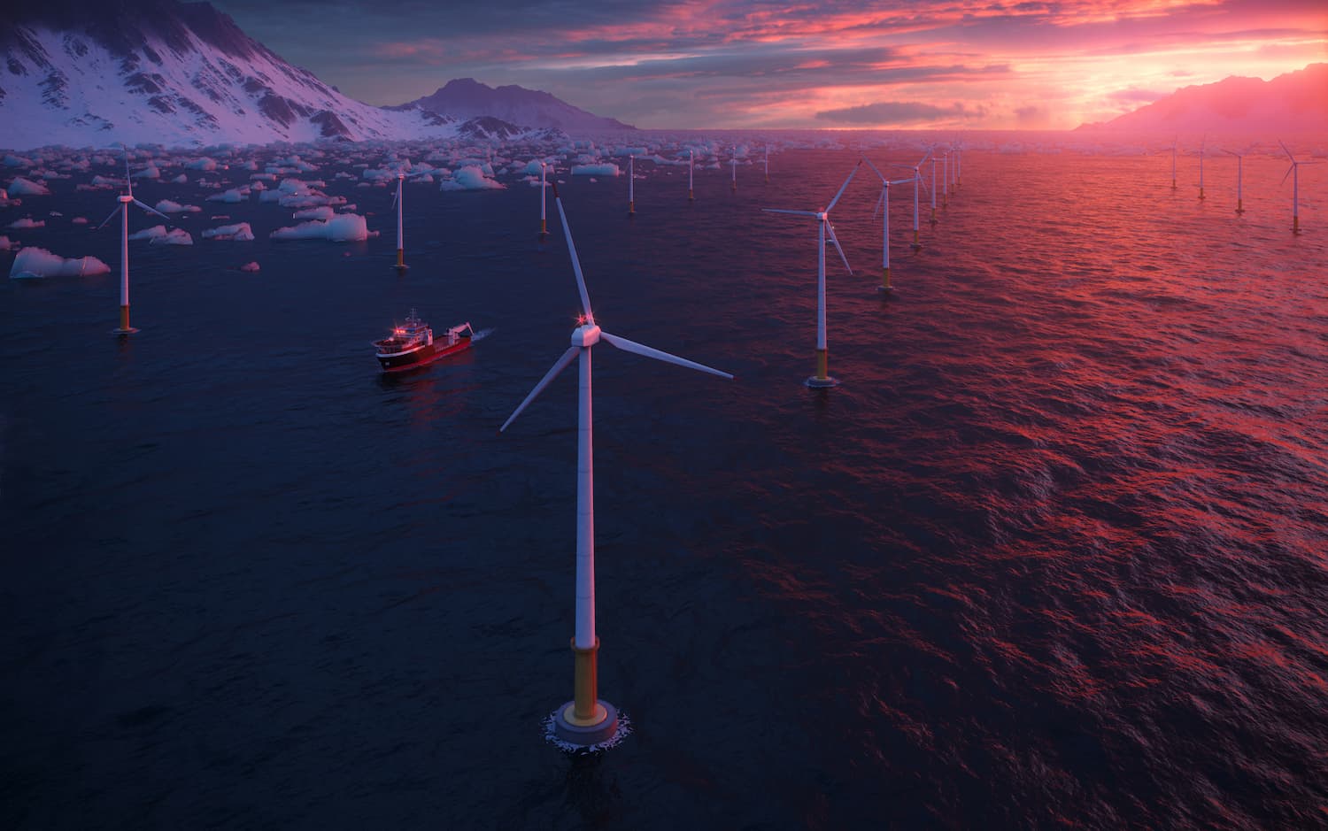 A marine wind farm at sunrise