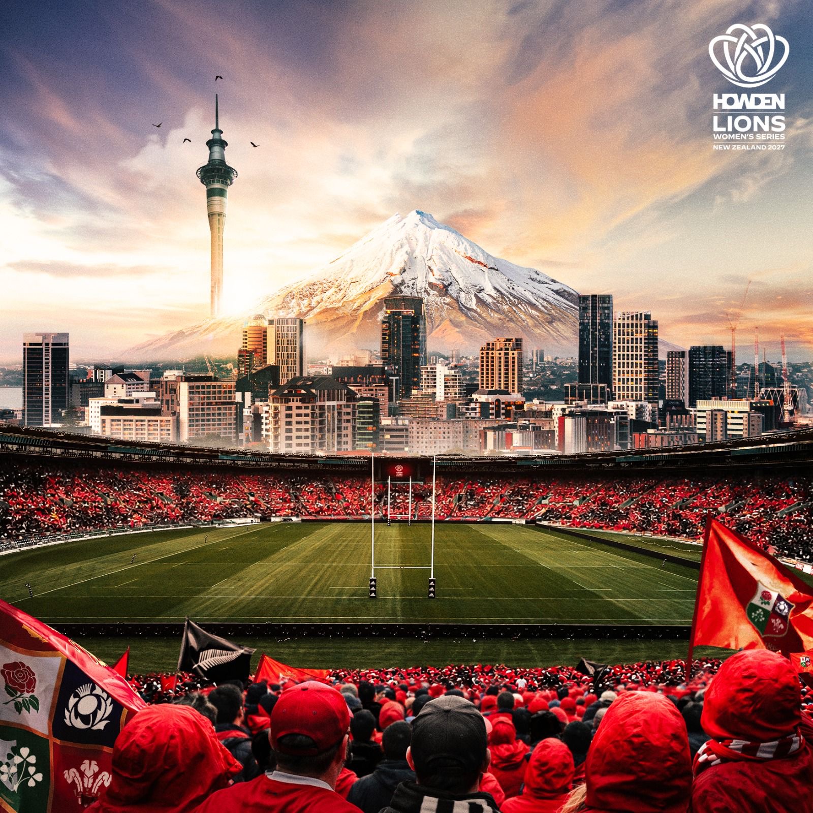 A graphic of fans in a stadium surrounded by iconic sights of Aotearoa New Zealand